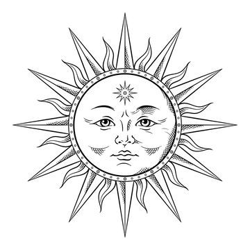 Antique style sun hand drawn line art. Boho chic tattoo, poster, altar veil, tapestry or fabric print design vector illustration.