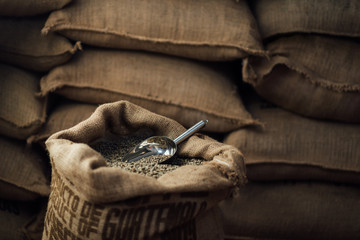 open bag full of raw coffee beans with metal scoop, in the background of the warehouse