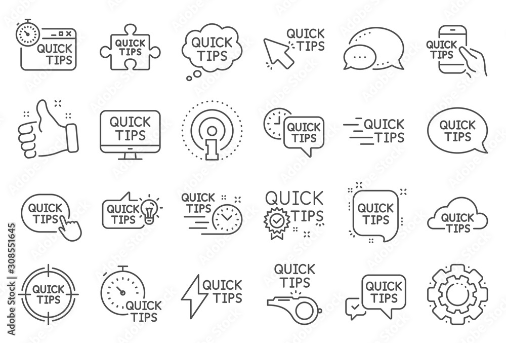 Aufkleber quick tips line icons. set of helpful tricks, solution and quickstart guide linear icons. tutorial, 