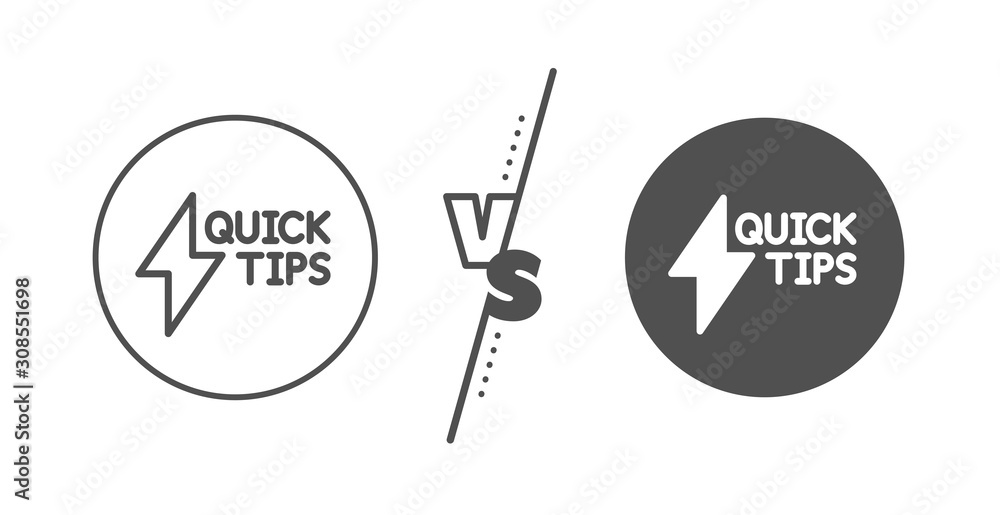 Poster helpful tricks sign. versus concept. quick tips line icon. tutorials with lightning or energy symbol