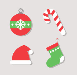 Winter, New year, Christmas icons of red Santa Claus hat, candy cane and christmas socks.