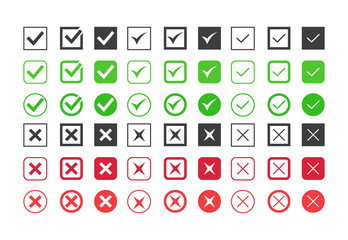 Check mark, tick and cross signs, green checkmark OK and red X icons