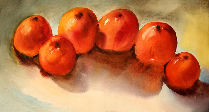 Watercolor still life with persimmon fruit on the table