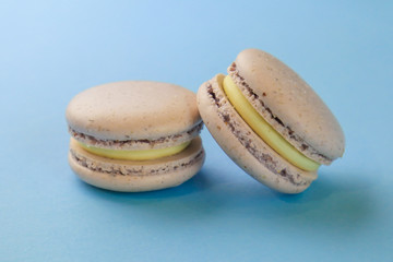 Tasty sweet macaron cakes on color background