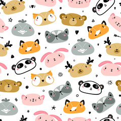 Cute Animals Faces Seamless pattern. Doodle Cartoon Animal Heads. Vector Background for Kids Fashion Design