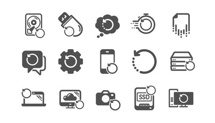 Recovery icons. Backup, Restore data and recover file. Laptop renew, drive repair and phone recovery icons. Classic set. Quality set. Vector