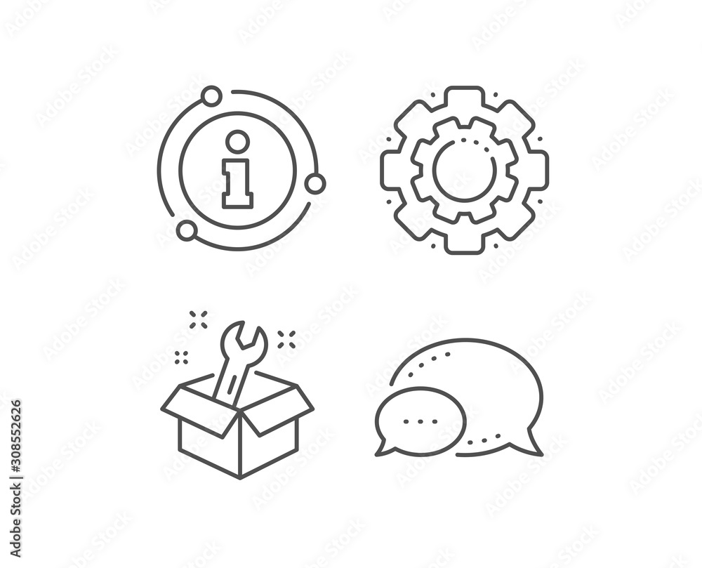 Poster Spanner tool line icon. Chat bubble, info sign elements. Repair service box sign. Fix instruments symbol. Linear spanner outline icon. Information bubble. Vector