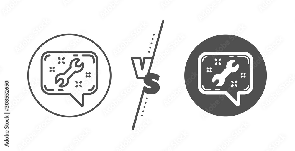 Poster repair service chat sign. versus concept. spanner tool line icon. fix instruments symbol. line vs cl