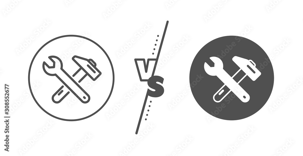 Poster repair service sign. versus concept. spanner and hammer line icon. fix instruments symbol. line vs c