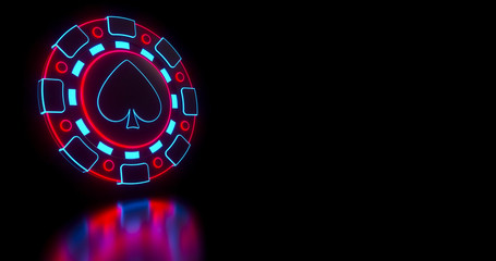 Modern Casino Chips With Futuristic Blue And Red Neon Lights Isolated On The Black Background - 3D Illustration