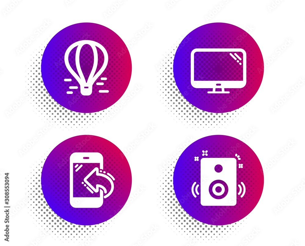 Poster incoming call, air balloon and computer icons simple set. halftone dots button. speakers sign. phone