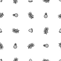 Summer Floral Tropical Fruits Background. Palm Tree Leaves, Watermelon Slices and Pineapples Vector Seamless Pattern