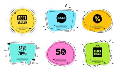 Save up to 70%. Best seller, quote text. Discount Sale offer price sign. Special offer symbol. Quotation bubble. Banner badge, texting quote boxes. Discount text. Coupon offer. Vector