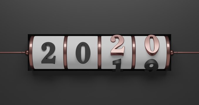3D rendering of New Year concept.White slot background of pink gold 2020 number for changing the year on black background.
