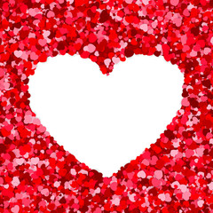 Red and pink hearts confetti with white heart frame inside. Valentines Day vector illustration