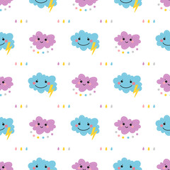 Vector Seamless Pattern with Cute Smiling Clouds with Rain Drops, Thunder and Lightning Icons. Sky Background for Kids Fashion, Nursery, Baby Shower Scandinavian Design