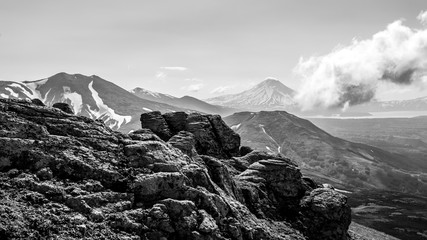 Black and white silhouette of the mountains. Ilyinsky Volcano, Kamchatka Peninsula, Russia