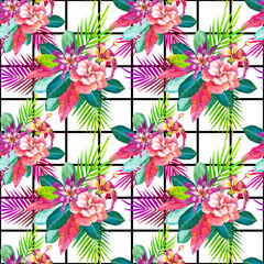 Exotic bouquet hand drawn seamless pattern. Tropical flowers on black and white geometric background. Hibiscus, roses with palm leaves watercolor texture. Botanic wrapping paper, wallpaper design