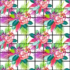 Küchenrückwand glas motiv Exotic bouquet hand drawn seamless pattern. Tropical flowers on black and white geometric background. Hibiscus, roses with palm leaves watercolor texture. Botanic wrapping paper, wallpaper design © monamonash