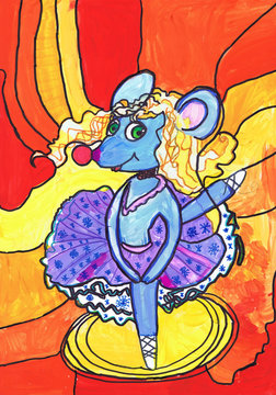 The ballerina mouse dances on stage. Children 's drawing