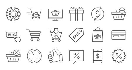 Shopping bag line icons. Gift, Present and Sale discount. Delivery linear icon set. Quality line set. Vector