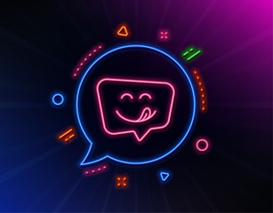 Fototapeta na wymiar Yummy smile line icon. Neon laser lights. Emoticon with tongue sign. Speech bubble symbol. Glow laser speech bubble. Neon lights chat bubble. Banner badge with yummy smile icon. Vector
