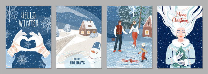 Winter poster background. Season holiday greetings set with people, snow, fir tree, house, snowflakes, snowman and other graphic design elements. Creative flat christmas and new year celebration card © zaie