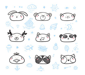 Cute Scandinavian Style Animal Faces Set. Doodle Cartoon Animals and Birds. Vector illustration
