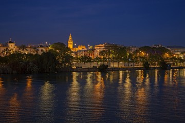 View of Seville historic center from the Bridge of Isabella II at night