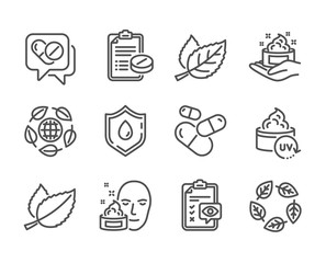 Set of Healthcare icons, such as Mint leaves, Leaf, Uv protection, Medical prescription, Organic tested, Eco organic, Skin care, Capsule pill, Face cream, Eye checklist, Medical drugs. Vector