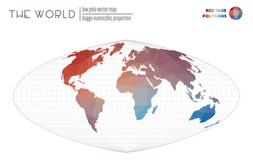 Abstract world map. Boggs eumorphic projection of the world. Red Blue colored polygons. Awesome vector illustration.