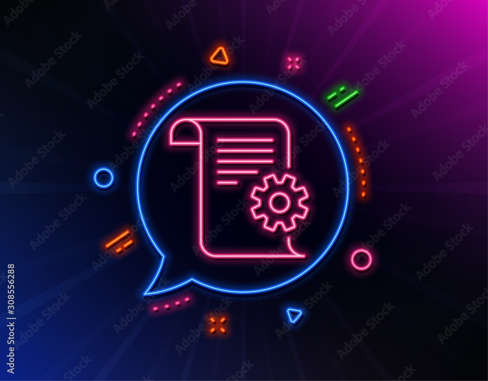 Poster technical documentation line icon. neon laser lights. instruction sign. glow laser speech bubble. ne