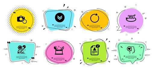 Full rotation, Synchronize and Scroll down line icons set. Chat bubbles with quotes. Project edit, Romantic talk and Resume document signs. Creativity concept, Recovery photo symbols. Vector