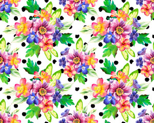 Fototapeta na wymiar Seamless pattern with watercolor flowers. Beautiful illustrations with plants on black and white polka dot background. Composition with Peonies