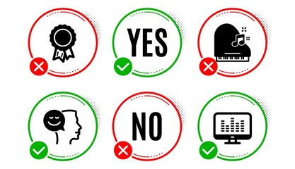 Good mood, Success and Piano icons simple set. Yes no check box. Music making sign. Positive thinking, Award reward, Fortepiano. Dj app. Education set. Good mood icon. Check mark. Vector