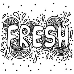 Fresh lemon vector illustration. Sketch fruit clipart. Handwritten rounded lettering, doodle. citrus design element. Sliced lemon engraving style drawing. Shop sign, menu