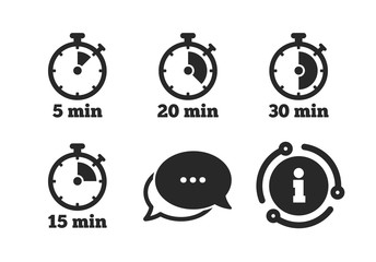 5, 15, 20 and 30 minutes stopwatch symbols. Chat, info sign. Timer icons. Classic style speech bubble icon. Vector