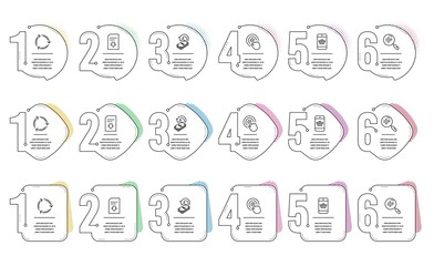 Smartphone buying, Recycling and Search text line icons set. Infographic timeline. Download file, Cashback and Click signs. Website shopping, Reduce waste, Find word. Load document. Vector