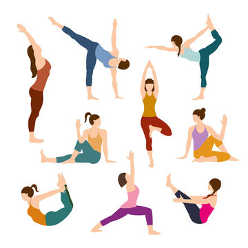 Silhouettes girl practicing yoga stretching exercises. Shapes of woman doing yoga fitness workout. Set off yoga positions. Female cartoon character practicing Hatha yoga. Flat vector illustration