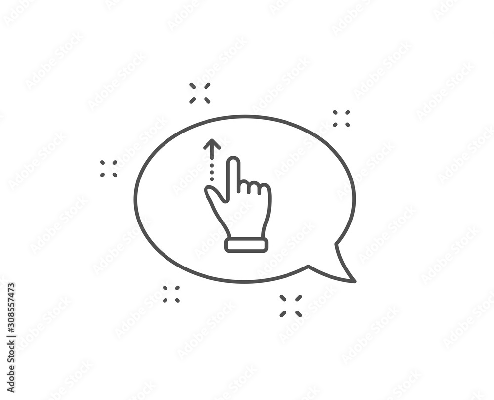 Poster touchscreen gesture line icon. chat bubble design. slide up arrow sign. swipe action symbol. outline