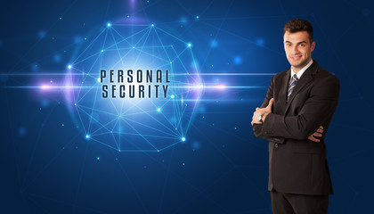 Businessman thinking about security solutions with PERSONAL SECURITY inscription