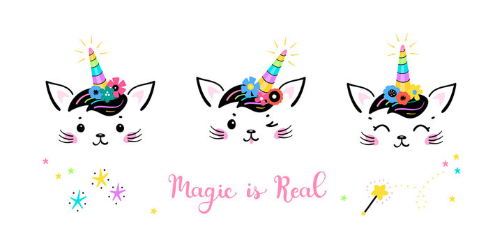 Vector Set Cute Unicorn Cat Head with Floral Wreath for Kids Design. Magic Caticorn or Kittycorn Nursery Poster. Magical Kitten Face with Flower Unicorn Horn and Funny Hair Bangs. Magic is Real