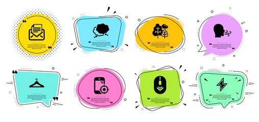 Mail correspondence, Seo phone and Scroll down line icons set. Chat bubbles with quotes. Tree, Cloakroom and Energy signs. Breathing exercise, Speech bubble symbols. Vector © blankstock