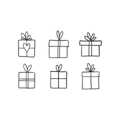 Christmas gift box doodle. Hand drawn present with ribbon illustration. Merry Xmas decorative element.