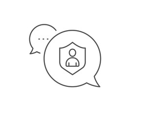 User Protection line icon. Chat bubble design. Profile Avatar with shield sign. Person silhouette symbol. Outline concept. Thin line security icon. Vector