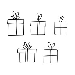 Christmas gift box doodle. Hand drawn present with ribbon illustration. Merry Xmas decorative element.