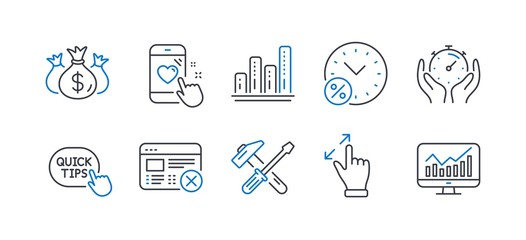 Set of Technology icons, such as Touchscreen gesture, Loan percent, Hammer tool, Timer, Heart rating, Check investment, Quick tips, Reject web, Graph chart, Statistics line icons. Vector