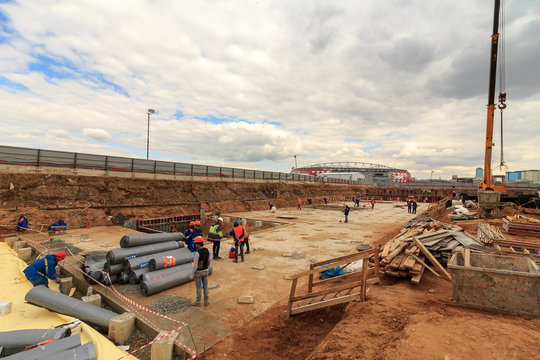 Pile driving in foundation pit construction apartment building. Piling driven ground. Deep foundation installation. Reinforce prestressed concrete piles factory foundation construction 