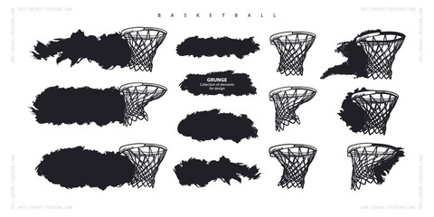 Vector collection for basketball. Elements for sports design, abstract black backgrounds. Basketball hoop, hand-drawing, grunge stripes for text.
