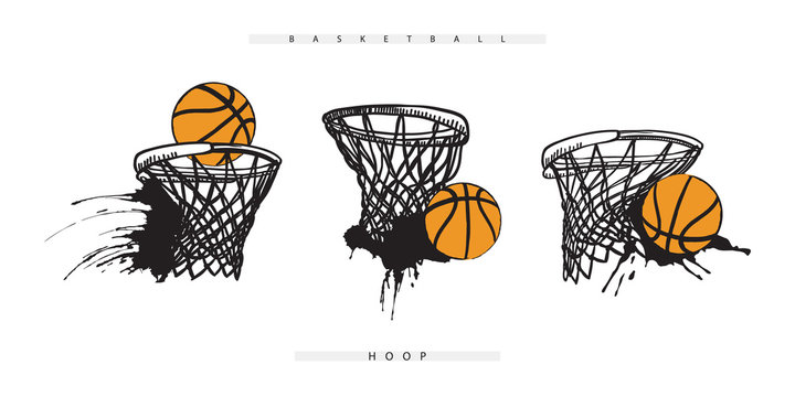 Vector basketball hoop with the ball. Set of grunge sports elements for design t-shirts, banner, flyer, poster. Dirty distress texture, ink splatters.